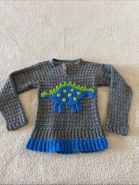 Kids Gray Handmade Crochet Sweater with Blue & Green Dinosaur 4-5T